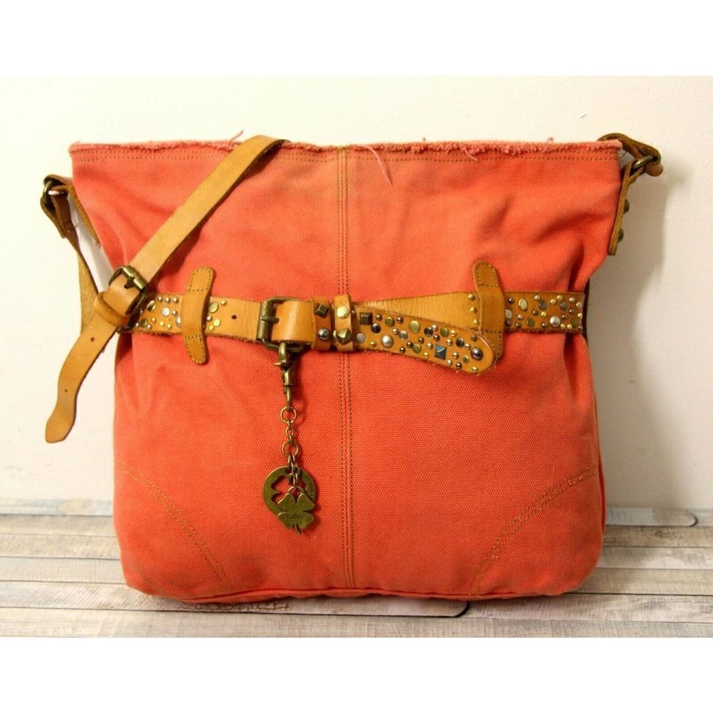 ROOMY LUCKY BRAND PINK CANVAS GENUINE LEATHER BELTED TOTE BOOK BAG SHOULDER BAG